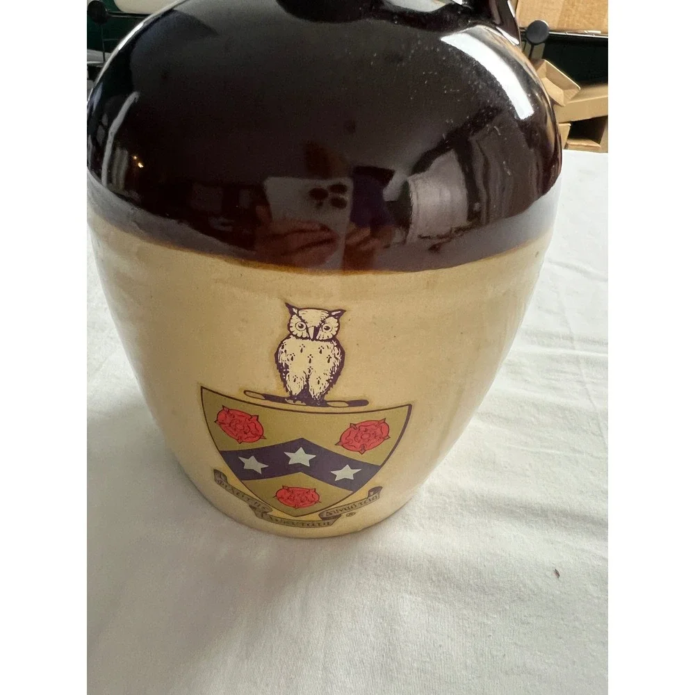 Vintage Rice University Owl Crest Stoneware Jug Decanter Brown Owl‎ Pottery C22